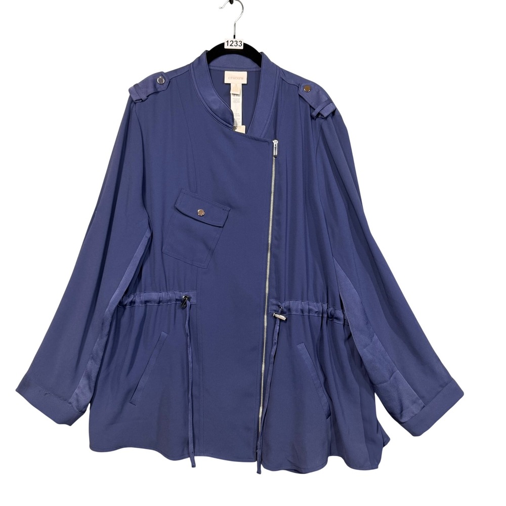 NWT Chico's Jacket Women Size xl 3 Blue Sheer Back Drawstring Zip Front New